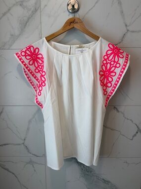 Jodifl White Women's Flutter Sleeve Top with Pink Embroidered Trim